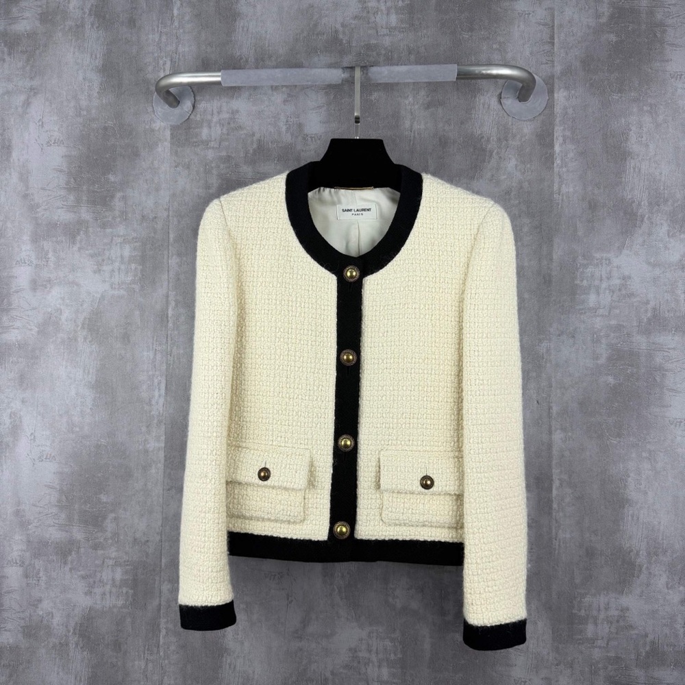 Authentic Saint Laurent Cream Tweed Blazer with Black Trim and Gold Buttons